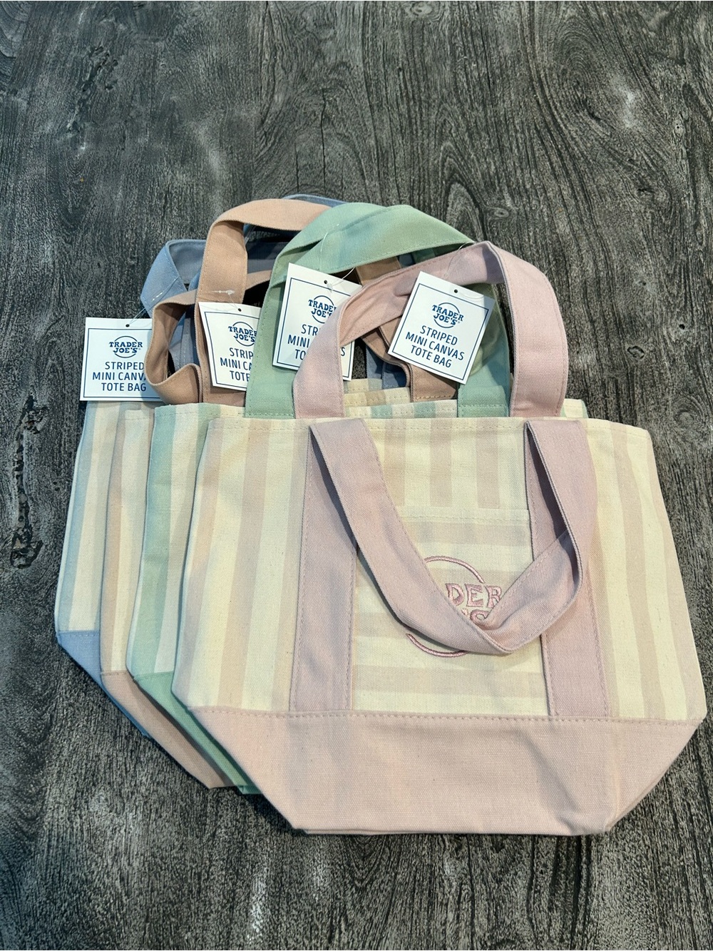 Trader Joe’s Striped Mini Canvas Tote Bags (4) Pink, Blue, Green, Tan - Picture 3 of 10